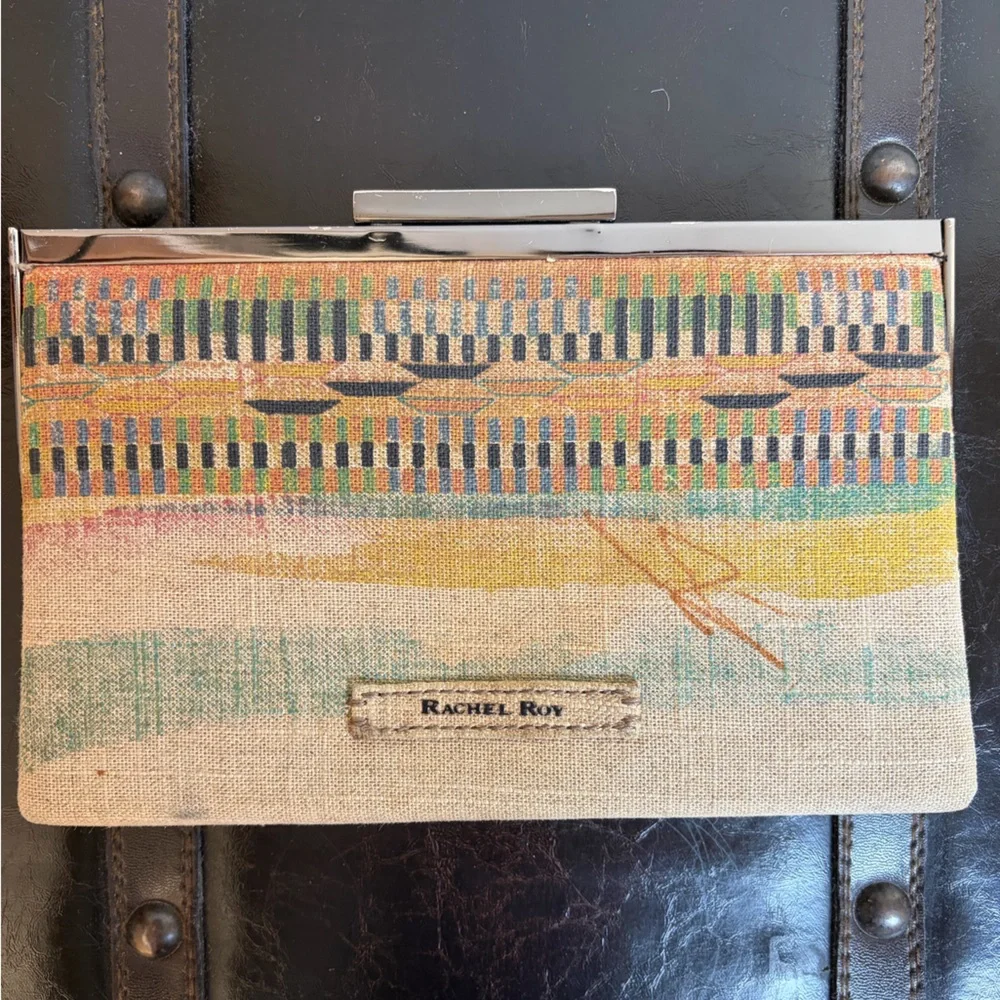 Rachel Roy Woven Linen Kindness Ghana Clutch Purse Boho Wedding Evening Bag